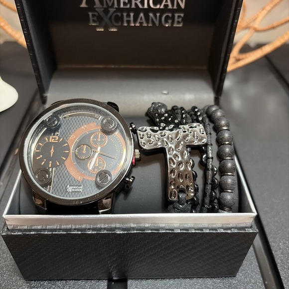American Exchange Men's Quartz Black Watch & Jewelry Gift Set- BRAND NEW IN BOX - Picture 2 of 5